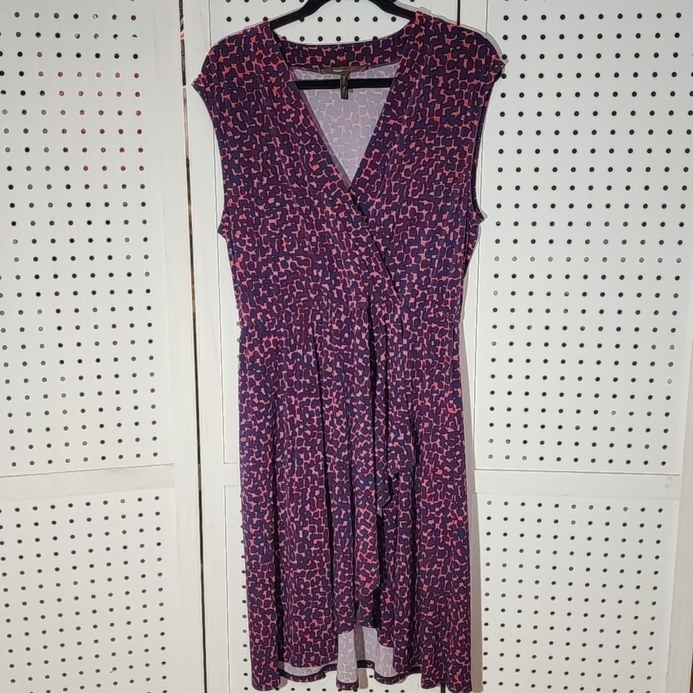 BCBGMaxAzria Size Large Wrap Midi Dress Stretch Lightweight Red & Blue V-Neck